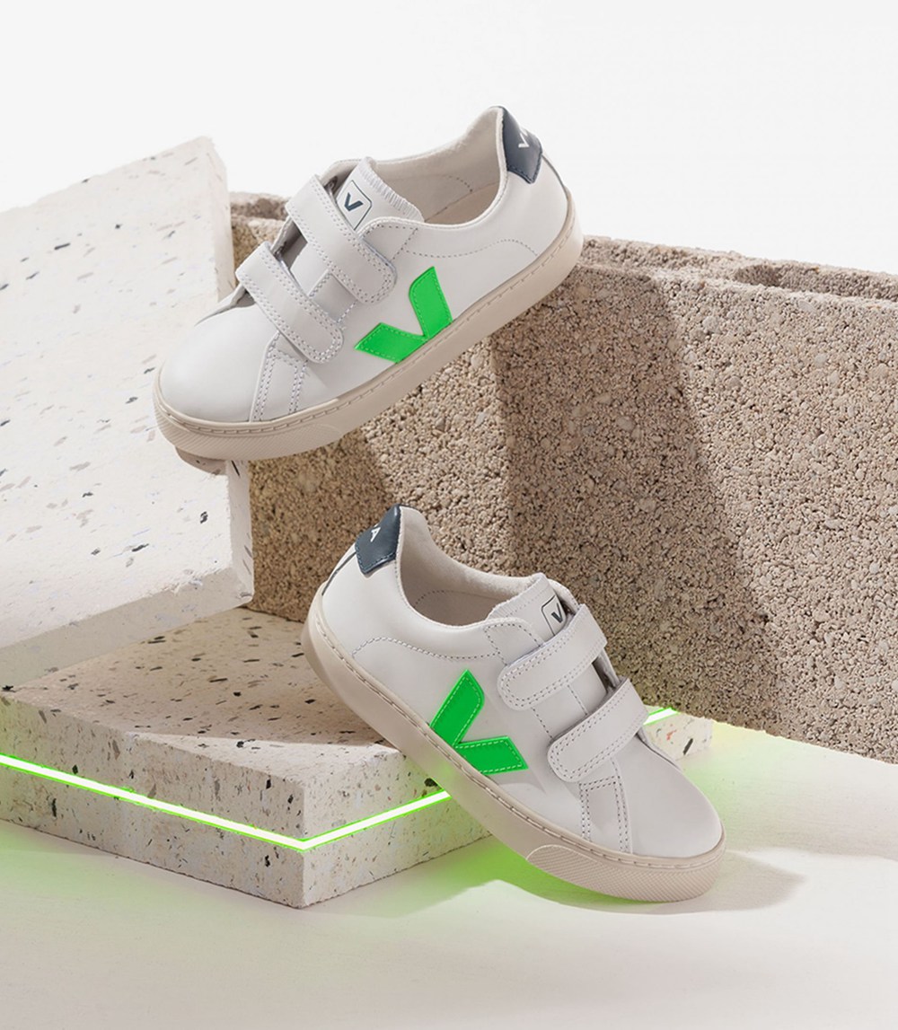 Tenis Veja Niños - Esplar Velcro Cuero - Blancos/Verdes - 047VCNTAQ